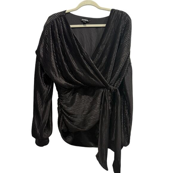 Express Tops - Express Size L Large Solid Black Faux Wrap Cropped Tie Waist Top Long Sleeves